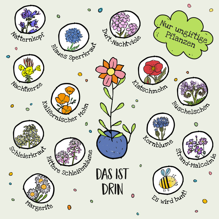Illustration verschiedener ungiftiger Blumenarten mit ihren Namen auf Deutsch, eine zentrale Blume im Topf und bunte Verzierungen, daneben ein grüner Hinweis "Nur ungiftige Pflanzen".