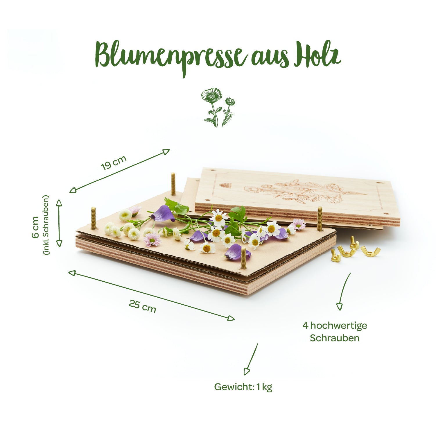 Holz-Blumenpresse mit aufliegenden Blumen und Maßen (25 cm x 19 cm x 6 cm), vier Schrauben und einem Gewicht von 1 kg.