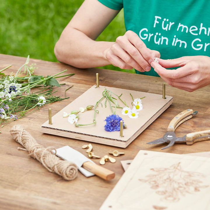 Person bereitet Blumen zum Trocknen auf einer Pflanzenpresse vor, umgeben von Gartengeräten und Schnüren.