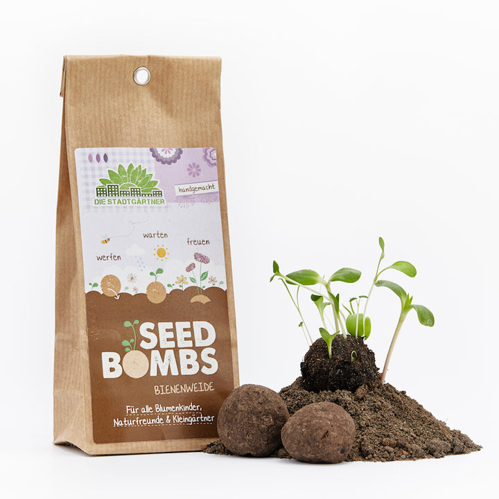Braune Packung mit 'Seed Bombs' für Bienenwiesen neben keimenden Pflanzen und Erdklumpen auf weißem Hintergrund.
