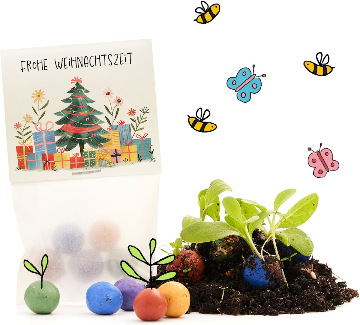 Weihnachtliche Geschenkverpackung mit Weihnachtsbaum und Geschenken, daneben bunte Samenbälle, Erde, junge Pflanzen sowie gezeichnete Bienen und Schmetterlinge.