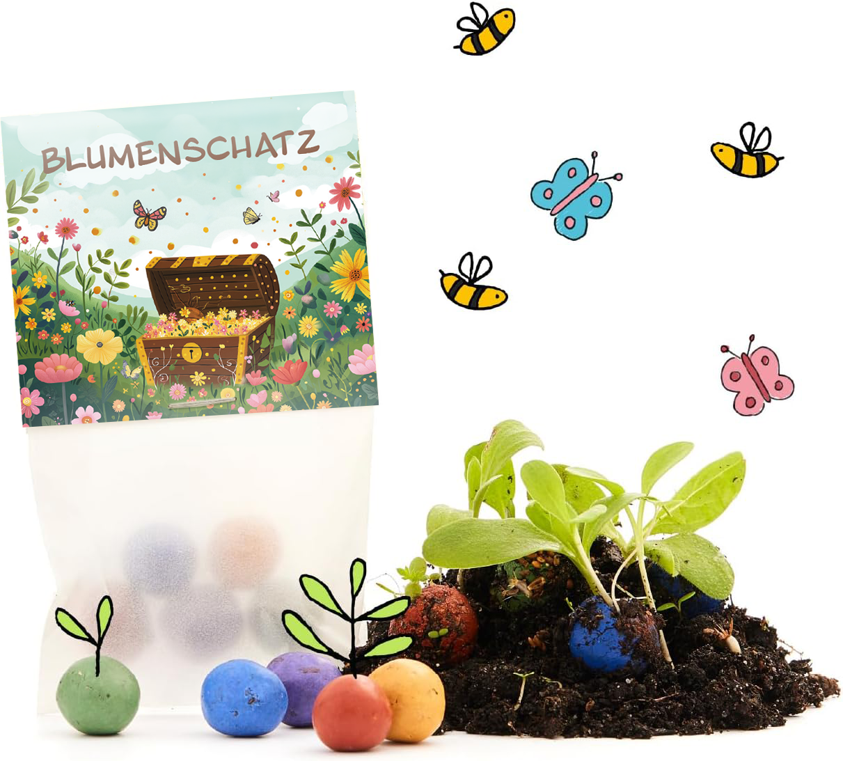 10x 5er Blumenmurmeln - Blumenschatz I Mitgebsel Kindergeburstag - Schatz für Schatzsuche oder Schnitzeljagd I Kleines Geschenk für Kinder