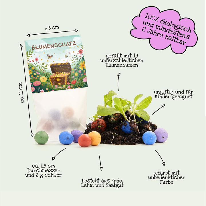 Bunte Samenbomben aus Erde, Lehm und Saatgut, teilweise eingepflanzt mit Keimlingen, daneben eine Verpackung mit der Aufschrift „BLUMENSCHATZ“ und erklärenden Infos zu Größe, Gewicht, Zusammensetzung und Eigenschaften der Samenbomben.