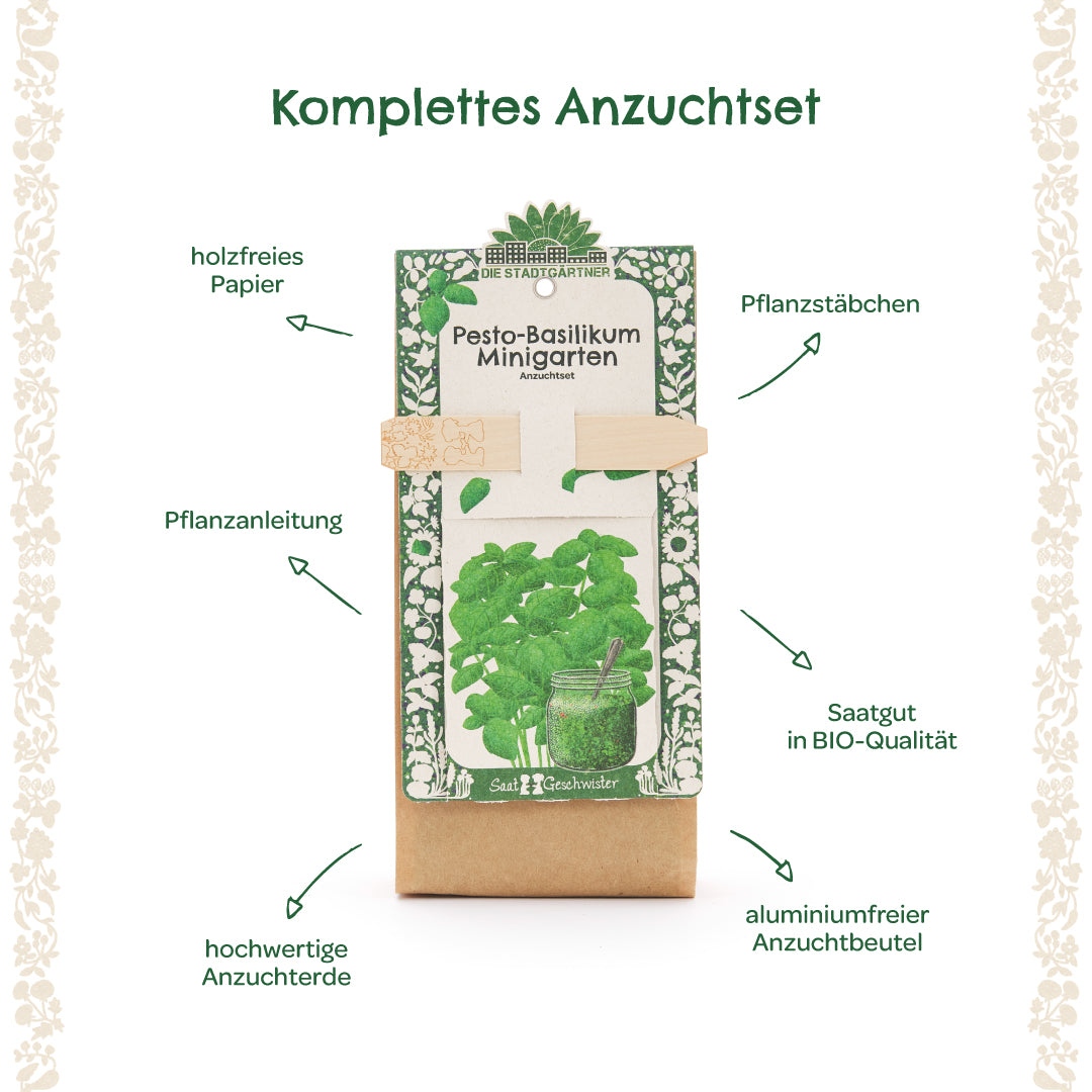 Komplettes Anzuchtset für Pesto-Basilikum mit Pflanzstäbchen, Saatsgut in Bio-Qualität, holzfreiem Papier, Pflanzanleitung, hochwertiger Anzuchterde und aluminiumfreiem Anzuchtbeutel.