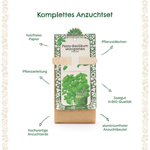 Komplettes Anzuchtset für Pesto-Basilikum mit Pflanzstäbchen, Saatsgut in Bio-Qualität, holzfreiem Papier, Pflanzanleitung, hochwertiger Anzuchterde und aluminiumfreiem Anzuchtbeutel.