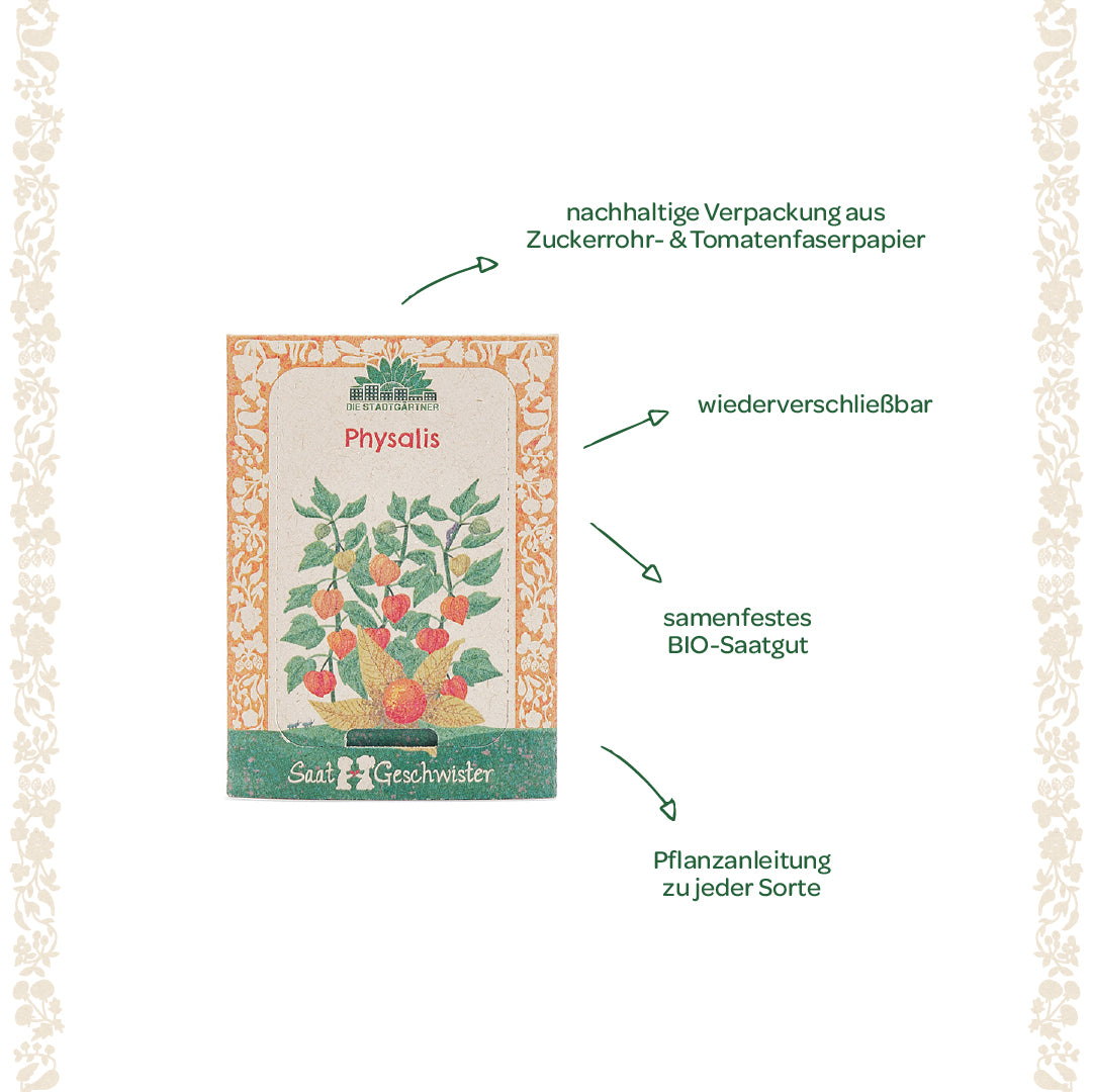 Saatgutverpackung für Physalis mit nachhaltiger Verpackung aus Zuckerrohr- und Tomatenfaserpapier, wiederverschließbar, samenfestes BIO-Saatgut und Pflanzanleitung.