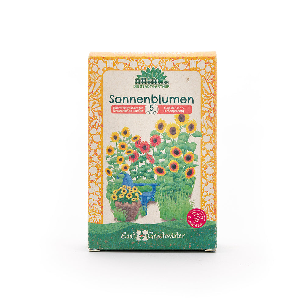 Saatgut-Set mit 5 samenfesten Sonnenblumen-Sorten | Set mit Pflanzensamen mit hochwertigem Saatgut | Perfekt als Geschenkidee für Gartenfreunde und Sonnenblumen-Liebhaber zum Geburtstag, Ostern etc. | Ideal für Garten, Balkon und Terrasse