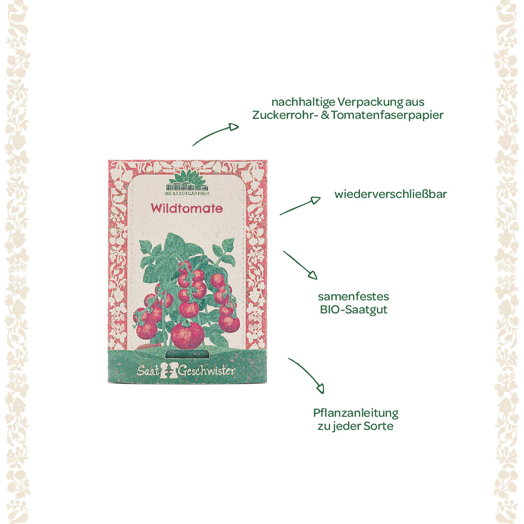 Saatgut-Tüte für Wildtomaten mit nachhaltig gestalteter Verpackung, Hinweisen zu BIO-Saatgut, Wiederverschließbarkeit und Pflanzanleitung, umgeben von floralen Verzierungen.