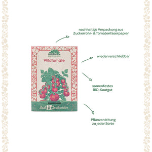 Saatgut-Tüte für Wildtomaten mit nachhaltig gestalteter Verpackung, Hinweisen zu BIO-Saatgut, Wiederverschließbarkeit und Pflanzanleitung, umgeben von floralen Verzierungen.