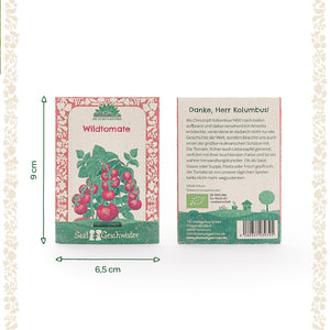 Zwei Packungen Wildtomatensamen von "Die Stadtgärtner" mit Maßangaben 9 cm hoch und 6,5 cm breit, Vorderseite mit Illustration der Pflanze, Rückseite mit Beschreibungstext.