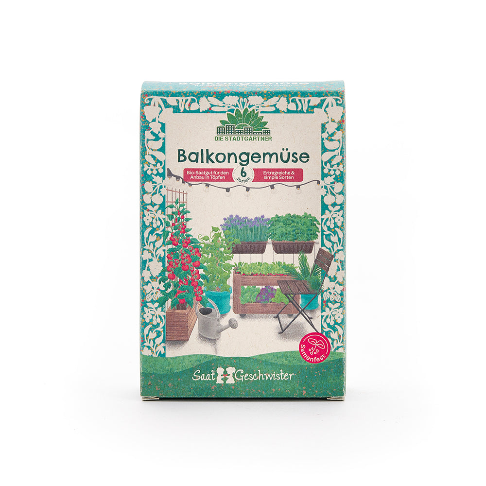Saatgut-Set mit 6 BIO Gemüsesorten für den Balkon | Set mit hochwertigen samenfesten Gemüsesamen, z.B. Radieschen, Gurken, Tomaten | Perfekt als Geschenkidee zum Geburtstag, Ostern, Hochzeit und Co. | Geeignet für den Balkon