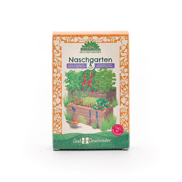 Packung "Naschgarten" von Die Stadtgärtner, mit einer bunten Illustration von Hochbeeten mit verschiedenen Kräutern und Gemüse, umgeben von einem orange-gelben Blumendekor.