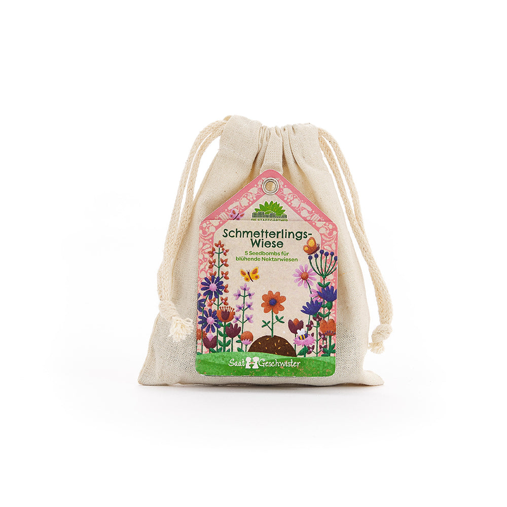 Saatgeschwister Saatkugeln Schmetterlingswiese – 5 Saatkugeln mit Wildblumenmischung für Schmetterlinge im Baumwollsäckchen | Seedbombs für bunte