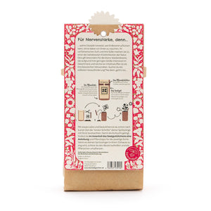 Rückseite einer Verpackung mit rotem Blumenmuster, deutscher Textbeschreibung und Anleitung für das Pflanzen von Erdbeeren.