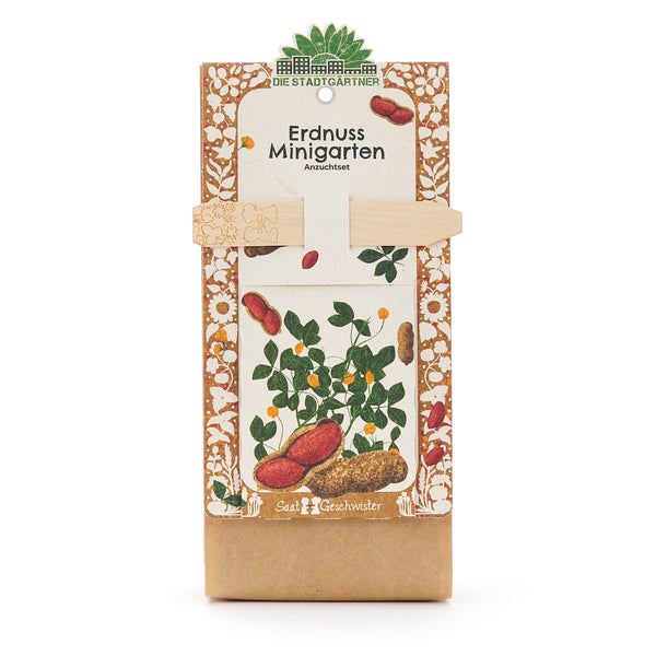 Erdnuss Minigarten Anzuchtset mit dekorativer Verpackung und Abbildung einer Erdnusspflanze.