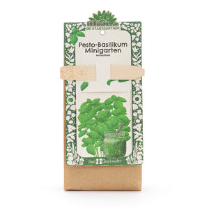 Anzuchtset „Pesto-Basilikum Minigarten“ von Die Stadtgärtner, Verpackung mit Illustration von Basilikum und einem Glas Pesto.