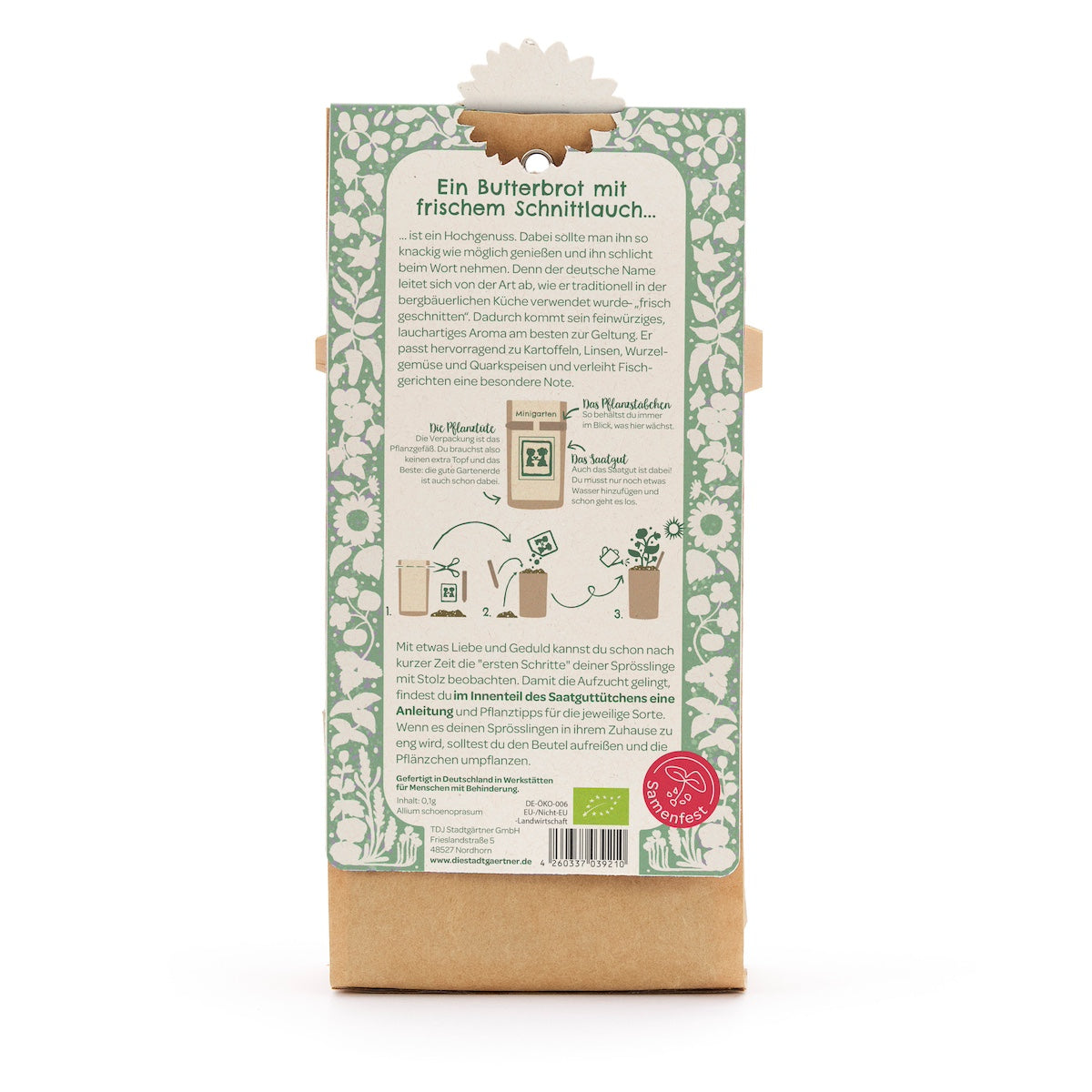 Rückseite einer braunen Papiertüte mit grün-weißem Etikett; darauf eine Anleitung und Text zur Aussaat von Schnittlauch, mit Illustrationen und Beschreibung in deutscher Sprache.