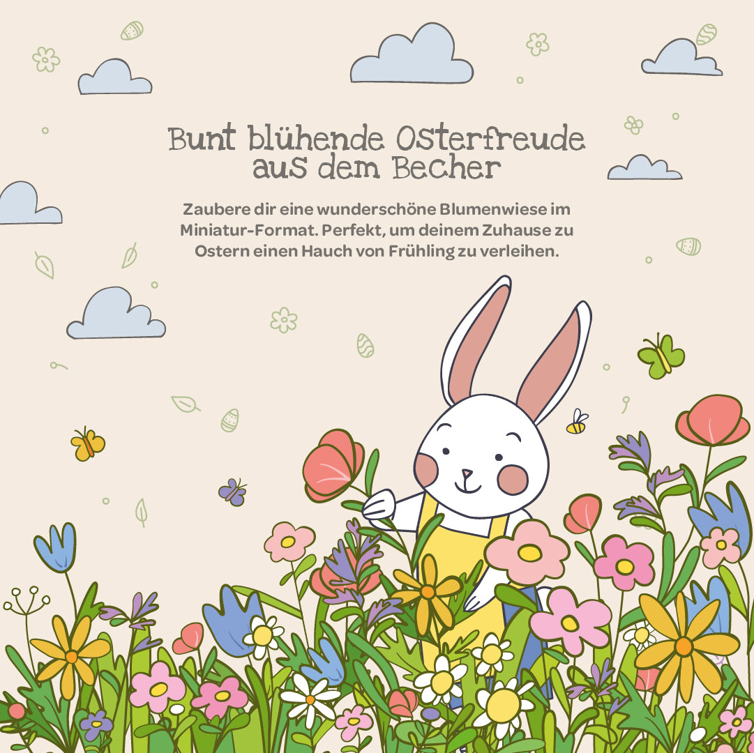 Illustration eines weißen Kaninchens in einer bunten Blumenwiese mit Frühlingsblumen, Schmetterlingen und Wolken; oben befindet sich ein deutscher Text über Osterfreude und Blumendekoration.