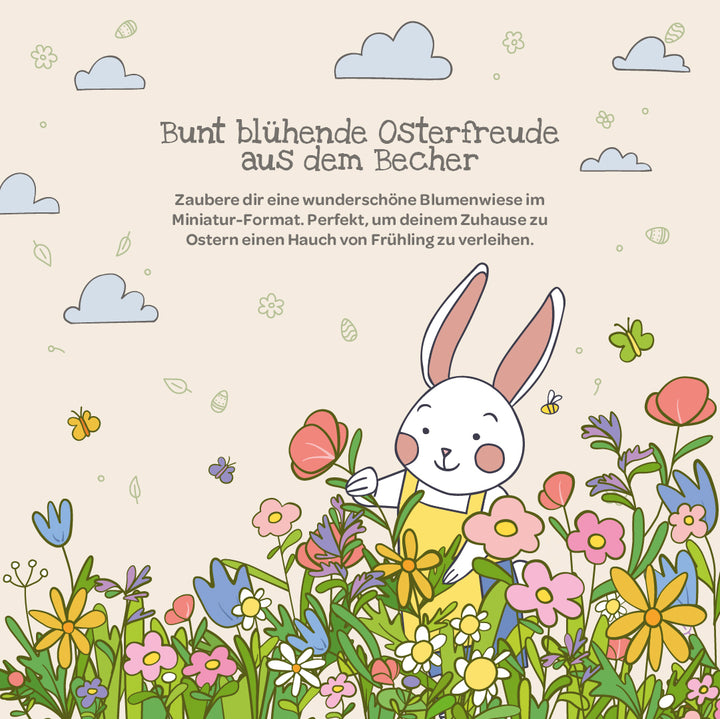 Illustration eines weißen Kaninchens in einer bunten Blumenwiese mit Frühlingsblumen, Schmetterlingen und Wolken; oben befindet sich ein deutscher Text über Osterfreude und Blumendekoration.