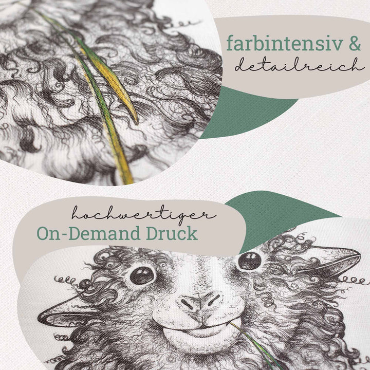 Detailreiche Zeichnung eines Schafs mit dem Text 'farbintensiv & detailreich' und 'hochwertiger On-Demand Druck'"
