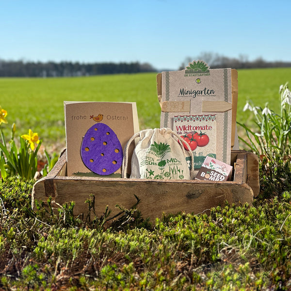 Osterdekoration und Gartenset mit Saattüten in einer Holzkiste im Freien, mit einer Karte, die "Frohe Ostern" wünscht.