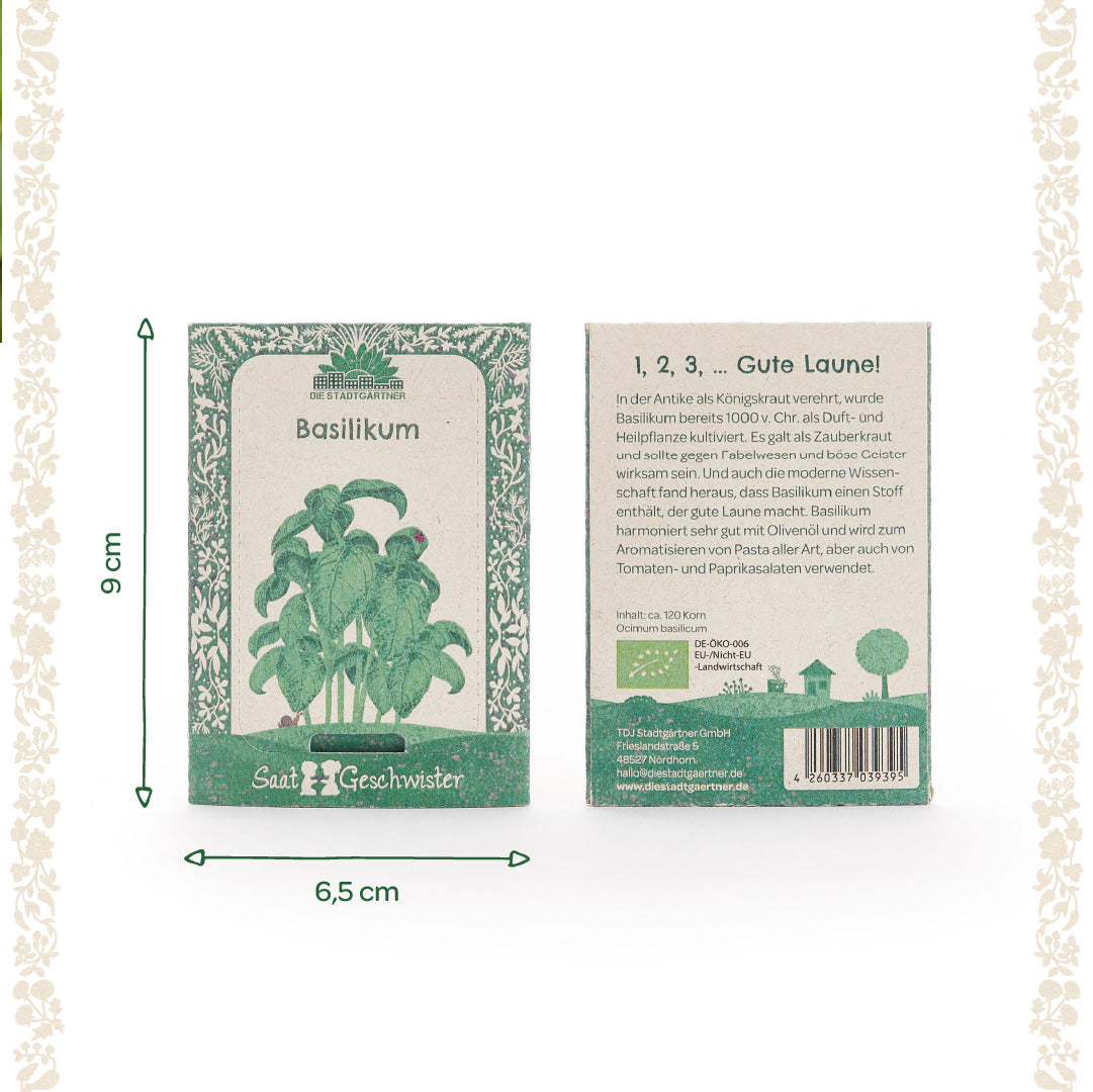 Zwei grüne Samenpäckchen für Basilikum der Marke "Die Stadtgärtner" mit pflanzlicher Illustration und Maßen 9 cm x 6,5 cm, Vorder- und Rückseite mit Beschreibungstext.