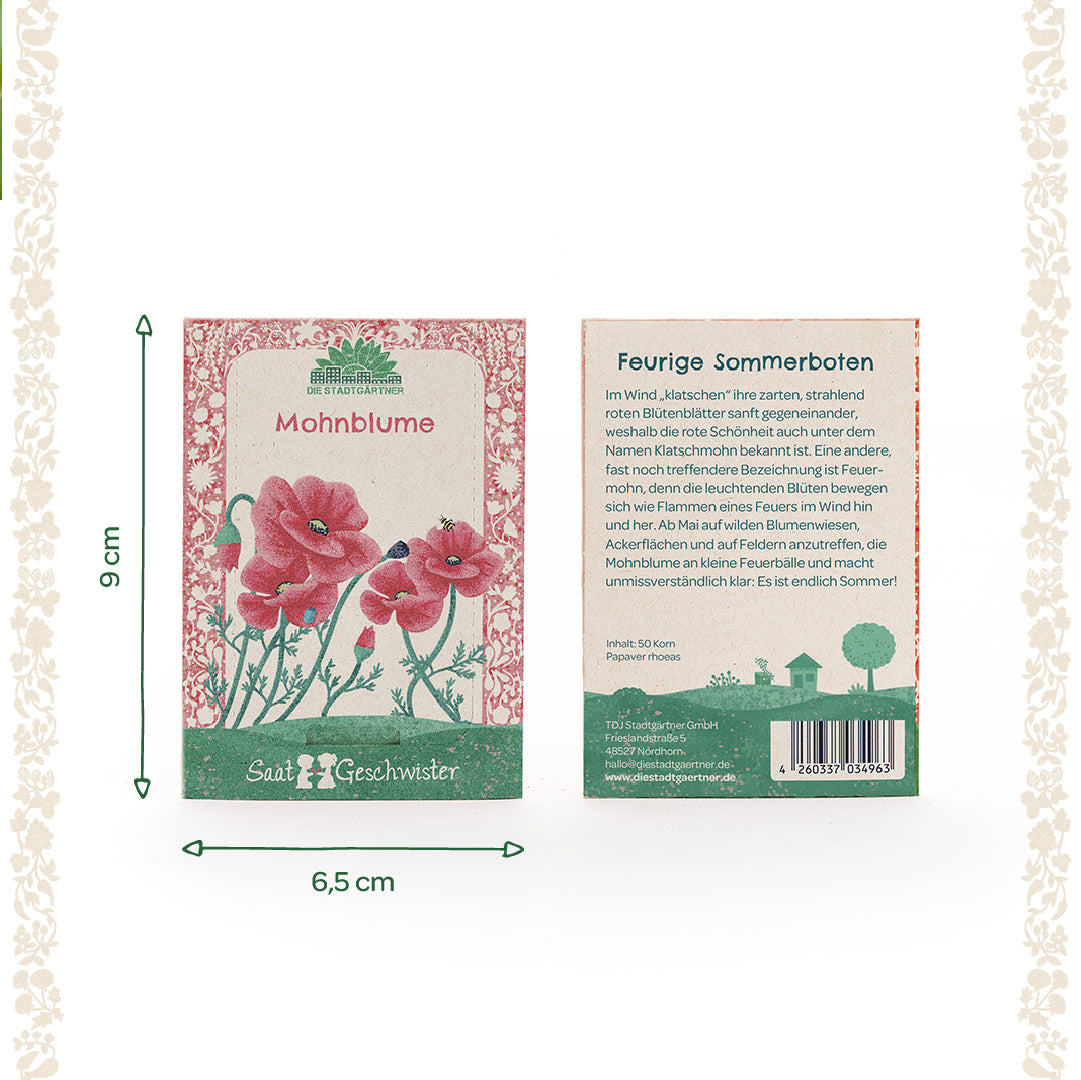Zwei Saatgut-Tütchen der Marke "Die Stadtgärtner" für Mohnblumen, Vorderseite mit Illustration roter Mohnblumen, Rückseite mit Beschreibungstext, Gesamtgröße 9 x 6,5 cm.