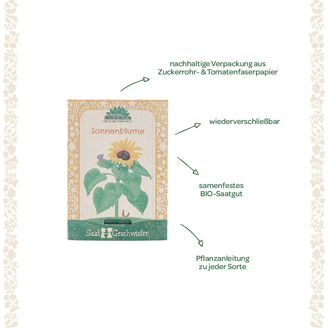 Samenpäckchen für Sonnenblumen aus nachhaltigem Zuckerrohr- und Tomatenfaserpapier, wiederver-schließbar, mit samenfestem Bio-Saatgut und Pflanzanleitung.