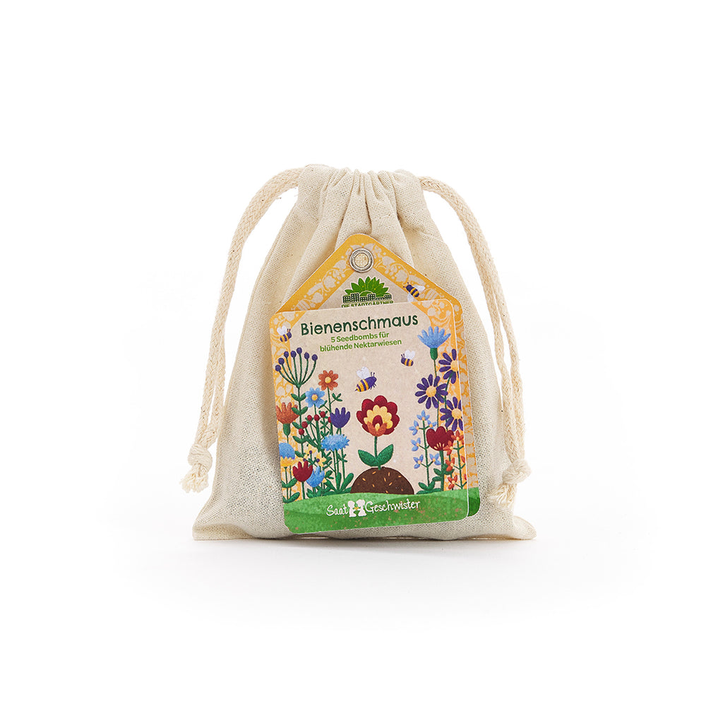 Saatgeschwister – 5 Bienenschmaus Saatkugeln im Baumwollsäckchen | Seedbombs für bunte Wildblumen für Bienen & Insekten| Perfektes Geschenk für