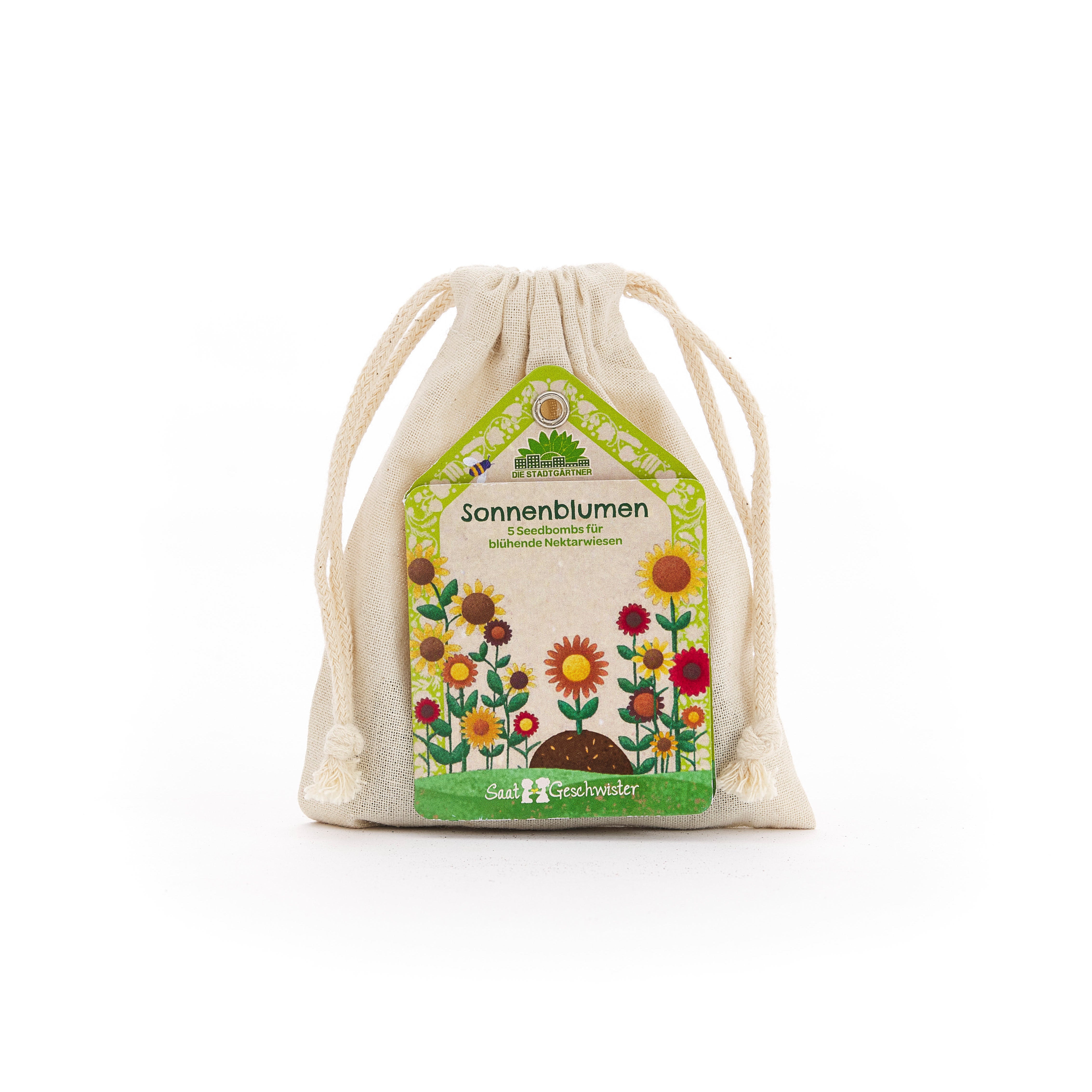 Stoffsäckchen mit Etikett "Sonnenblumen Seedbombs" und bunten Blumenillustrationen.