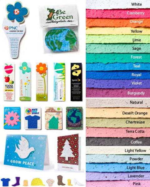 Verschiedene umweltfreundliche Werbeartikel und bedruckte recycelte Seed-Papierprodukte, daneben Farbproben in vielfältigen Nuancen.