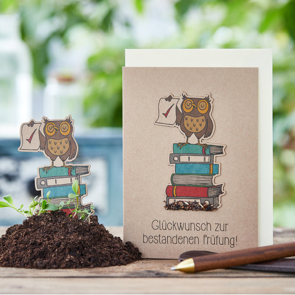 Glückwunschkarte mit Eule auf Bücherstapel und Text "Glückwunsch zur bestandenen Prüfung".