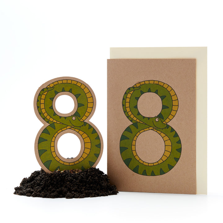 Geburtstagskarte und Zahl acht Dekoration in Schlangenform auf weißem Hintergrund