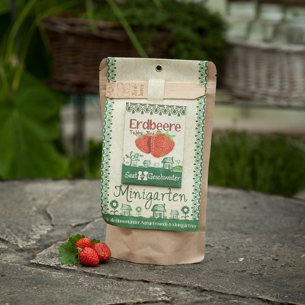 Saattüte für Erdbeeren 'Tubby Red' steht auf einem Steinboden mit frischen Erdbeeren daneben.