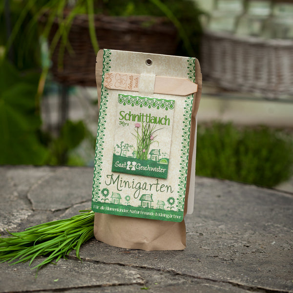 Verpackung für Schnittlauch-Saatgut mit der Aufschrift "Minigarten" auf einem Steinboden neben einem Büschel frischem Schnittlauch.