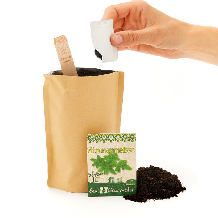 Hand öffnet ein Samenpaket über einem braunen Pflanzbeutel mit Erde und einem Schild mit der Aufschrift 'Zitronenmelisse'"