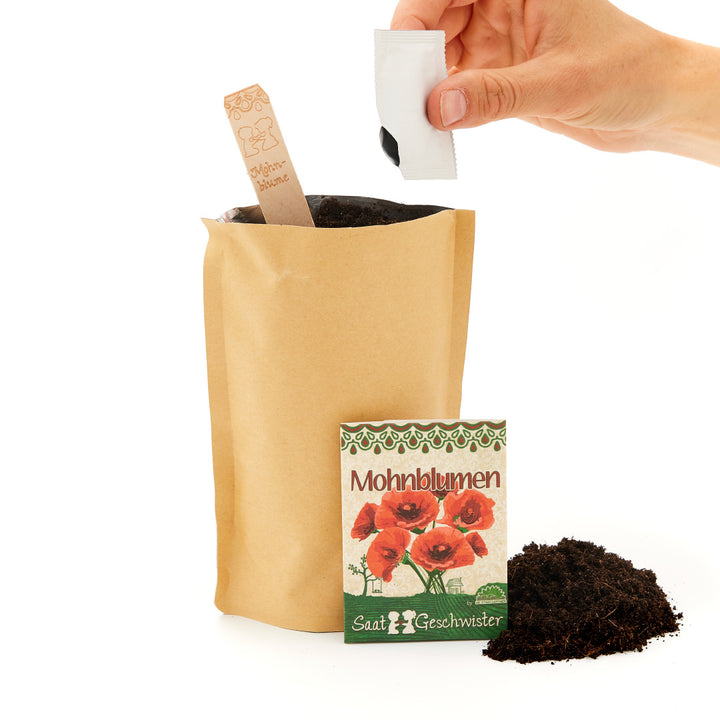 Hand öffnet ein Samentütchen über einer Papiertüte mit Erde, daneben liegen ausgeschüttete Erde und ein Mohnblumensamen-Päckchen.