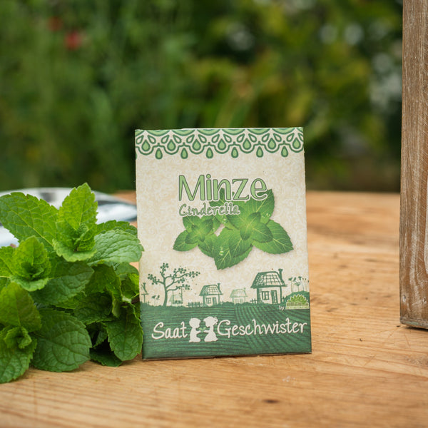 Pflanzensamentüte mit Aufschrift 'Minze' und frischen Minzblättern auf einem Holztisch im Garten.