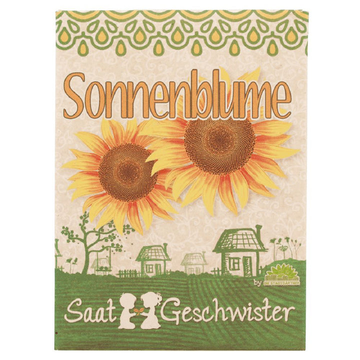 Verpackungsdesign für Sonnenblumensamen mit Bild von Sonnenblumen, einer Hütte und zwei Figuren im Garten.