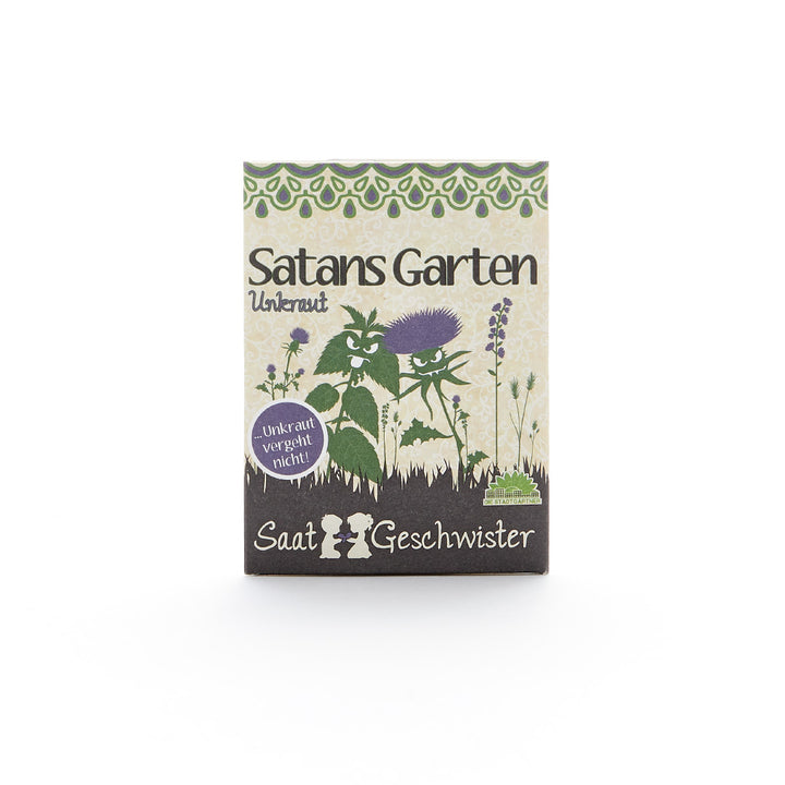 Verpackung von "Satans Garten Unkraut" mit Illustrationen von Pflanzen und dem Slogan "Unkraut vergeht nicht!" auf weißem Hintergrund.