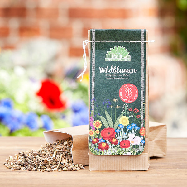 Blumensaat-Paket "Wildblumen" auf Holztisch mit ausgeschütteten Samen und unscharfem Gartenhintergrund.