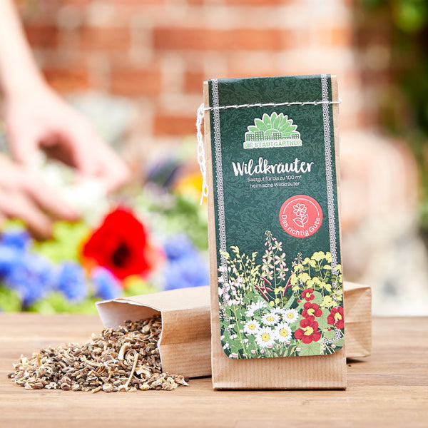 Verpackung für Wildkräutersamen auf einem Holztisch mit ausgeleerten Samen davor, unscharfe Person pflanzt im Hintergrund.