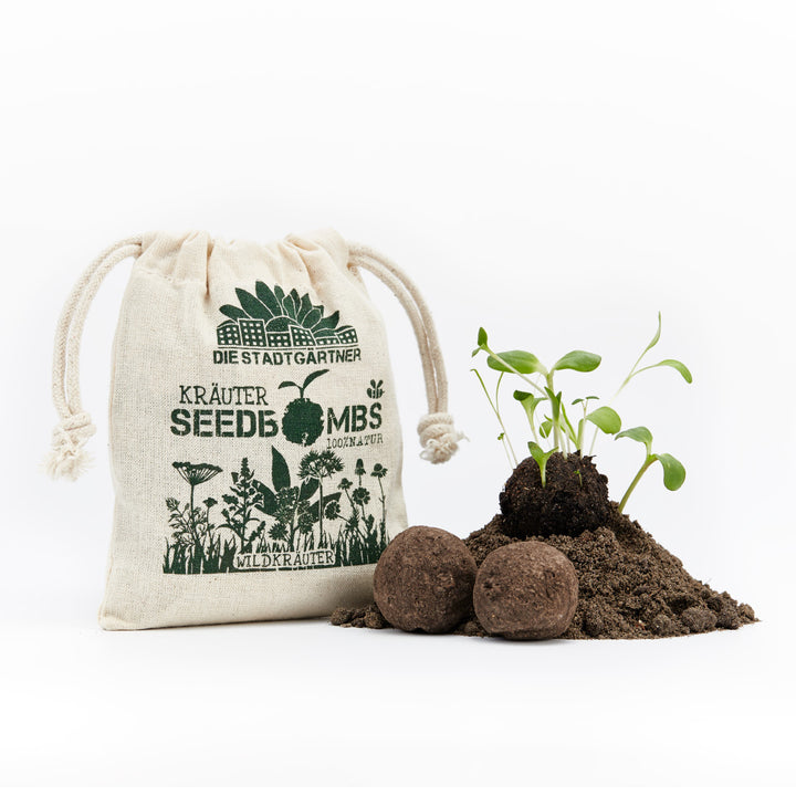Säckchen mit Aufschrift "Die Stadtgärtner Kräuter Seedbombs 100% Natur" neben einem Haufen Erde mit jungen Pflanzen und Seedbombs.