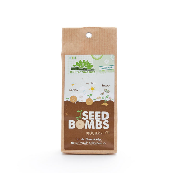 Verpackung von "Seed Bombs Kräuterglück" von Die Stadtgärtner, für Blumenkinder und Naturfreunde.
