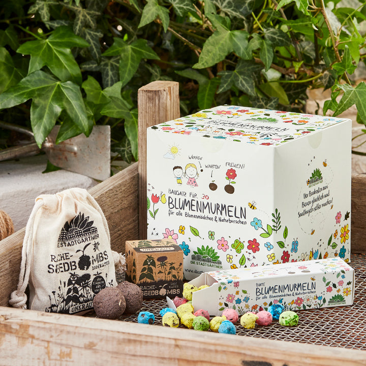 Garten-Set mit bunten Blumenmurmel-Saatgutkugeln, Verpackungen und einem kleinen Säckchen, umgeben von Pflanzen.
