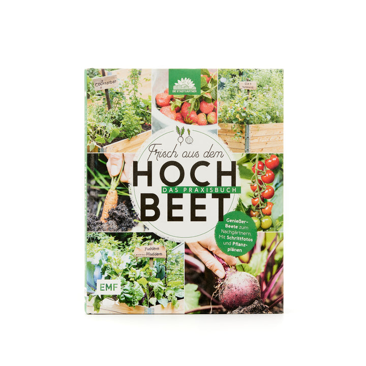 Gartenbuch mit dem Titel "Frisch aus dem Hochbeet - Das Praxisbuch" mit Bildern von Gemüsebeeten, Erdbeeren und Gartenarbeit.
