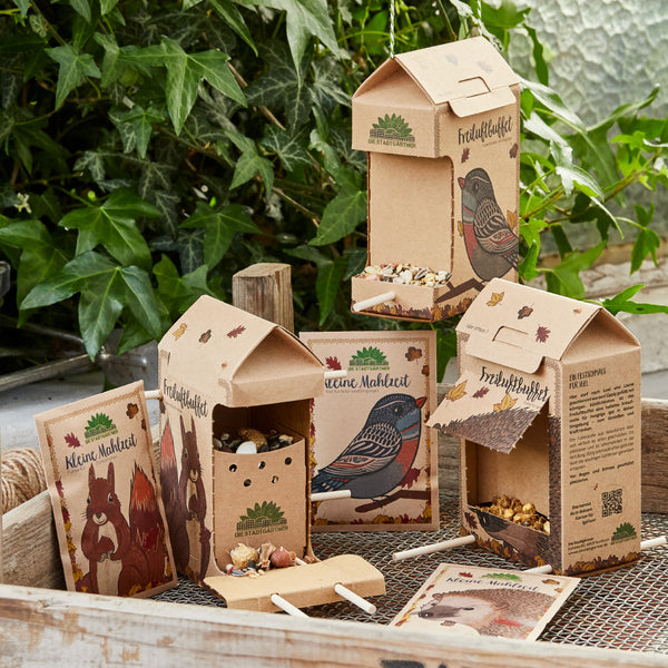 Vogel- und Eichhörnchenfutterhäuschen aus Karton auf einem Holztisch mit Pflanzen im Hintergrund.
