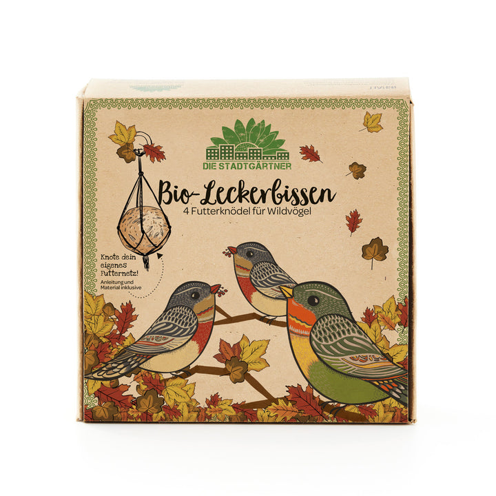 Verpackung von 'Bio-Leckerbissen für Wildvögel' mit der Zeichnung von drei Vögeln und Herbstlaub.