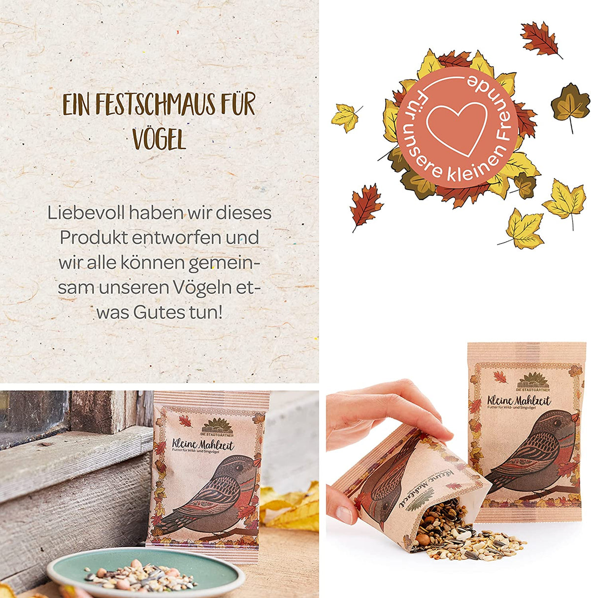 Ein festlich gestaltetes Vogelfutterpaket mit der Aufschrift "Kleine Mahlzeit" und einer illustrierten Amsel, daneben Schalen mit Vogelfutter sowie herbstliche Blätter und ein Herz mit dem Text "Für unsere kleinen Freunde".