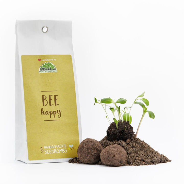Verpackung mit der Aufschrift "BEE happy" neben Seedbombs und Keimlingen auf Erde.